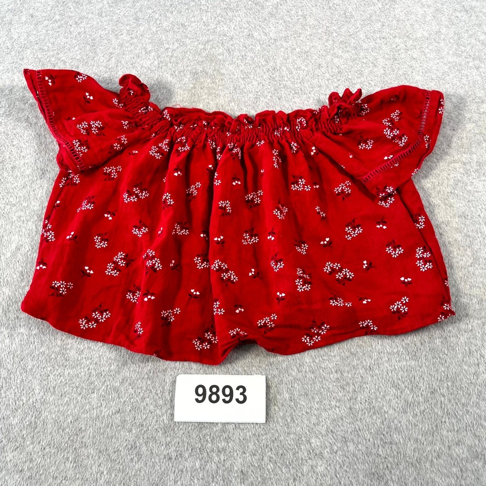 BONGO Cropped Top Womens Small Red Floral Rayon Off The Shoulder Ruffle Casual